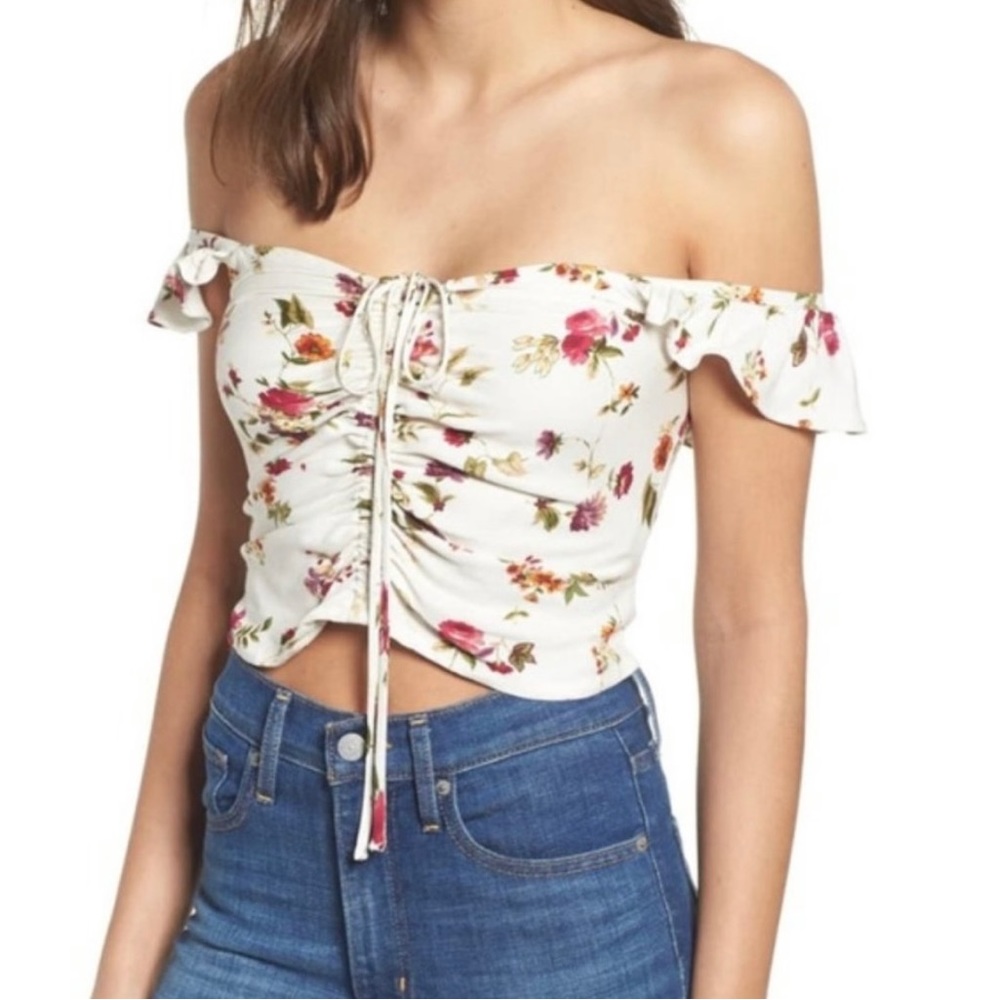 WAYF White Floral Ruffle Sleeveless Cinched Top Small
